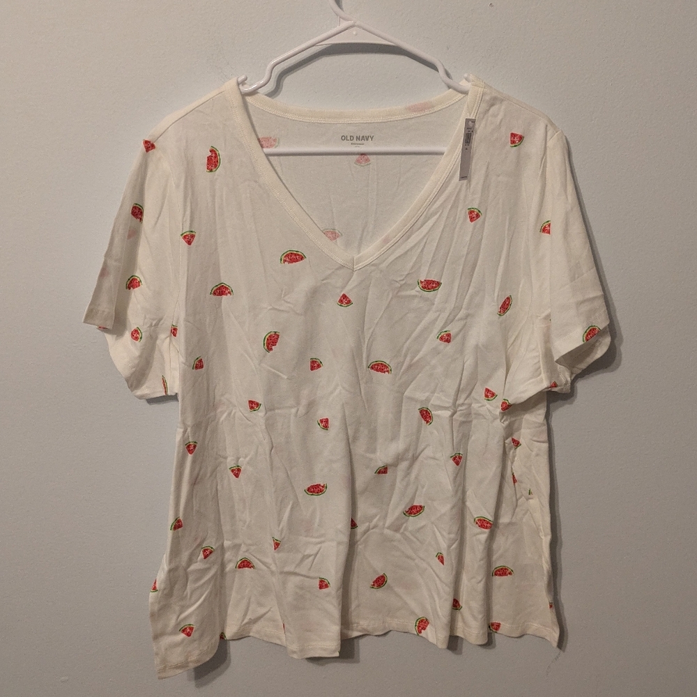 NWT Old Navy White Watermelon Print Everywear Cotton V-Neck T-Shirt Size XXL